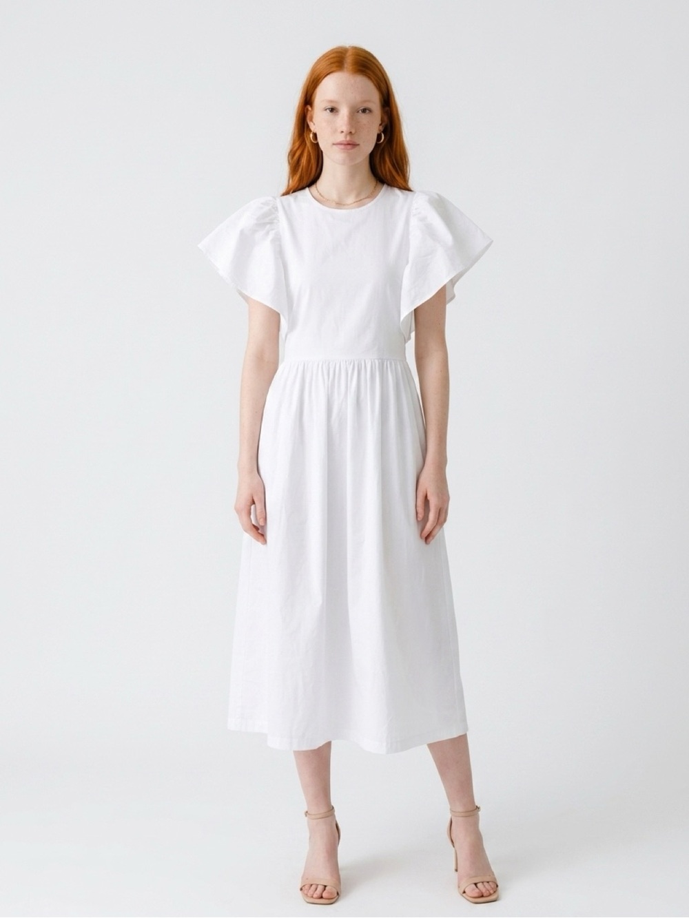 Zara White Ruffle Flutter Sleeve Midi Dress Size M NWOT